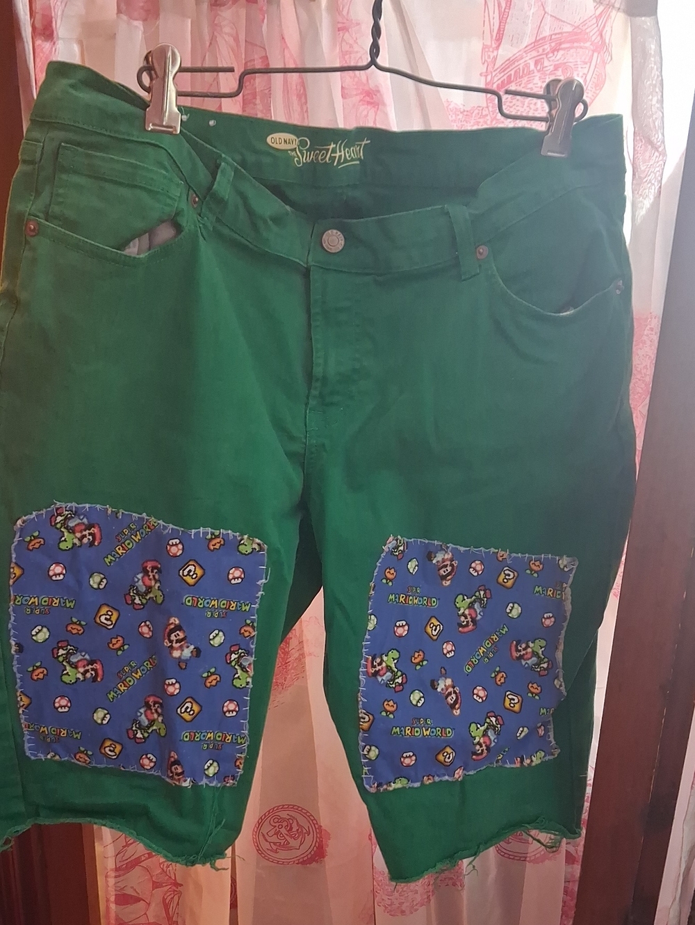 Old Navy Green Shorts with Blue Super Mario Patch Pockets